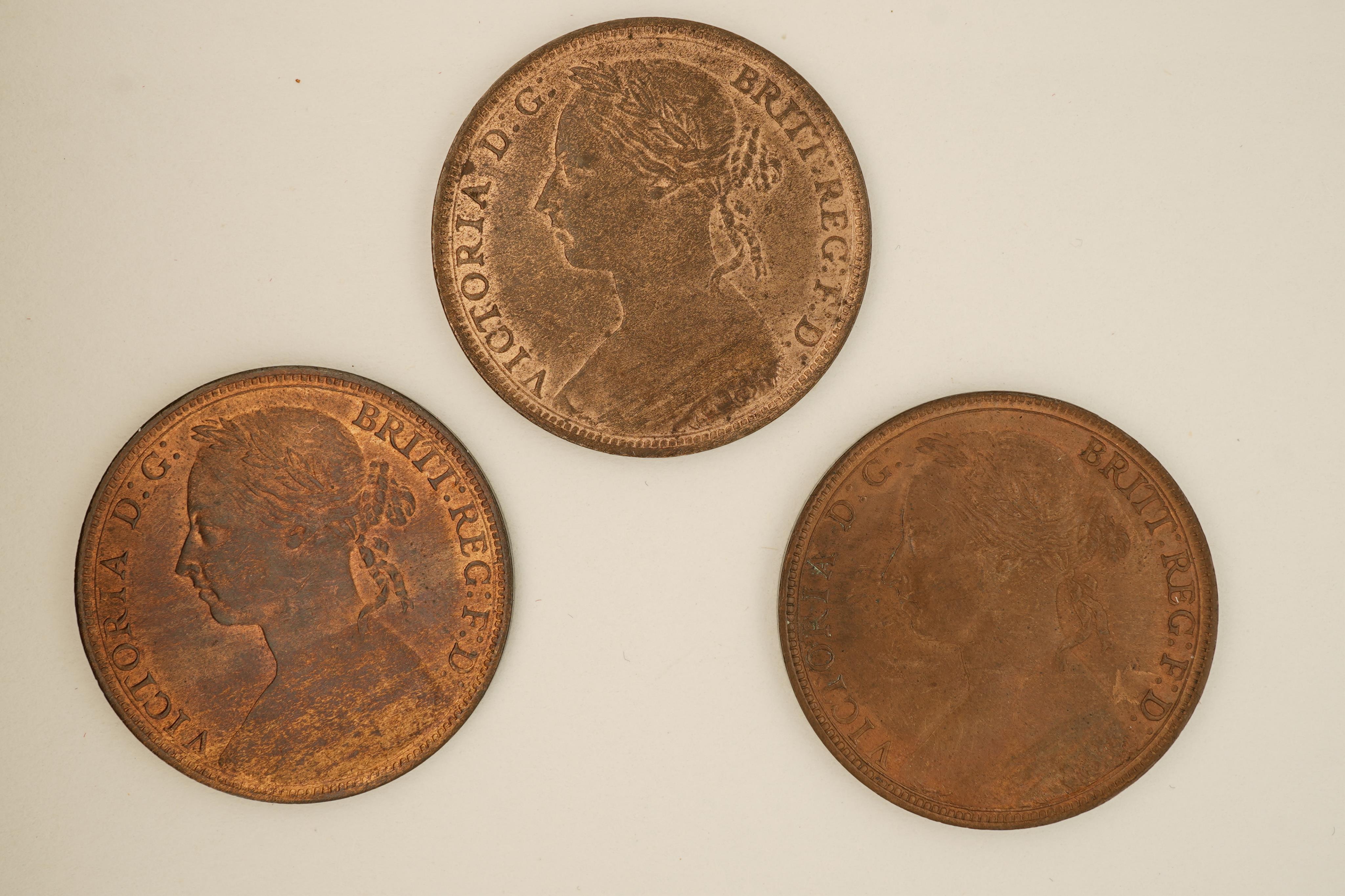 British coins, Victoria, three bronze pennies;, 1888, Fr. 126, Gouby dies R/r, about UNC, toning and lustre, 1889, Fr. 127, Gouby dies R/r, good EF, patches of toning and lustre, 1890, Fr. 130, Gouby dies R/r, proof-like